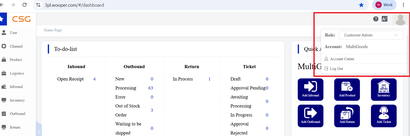 Access Account Center screen in the CSG Customer Portal