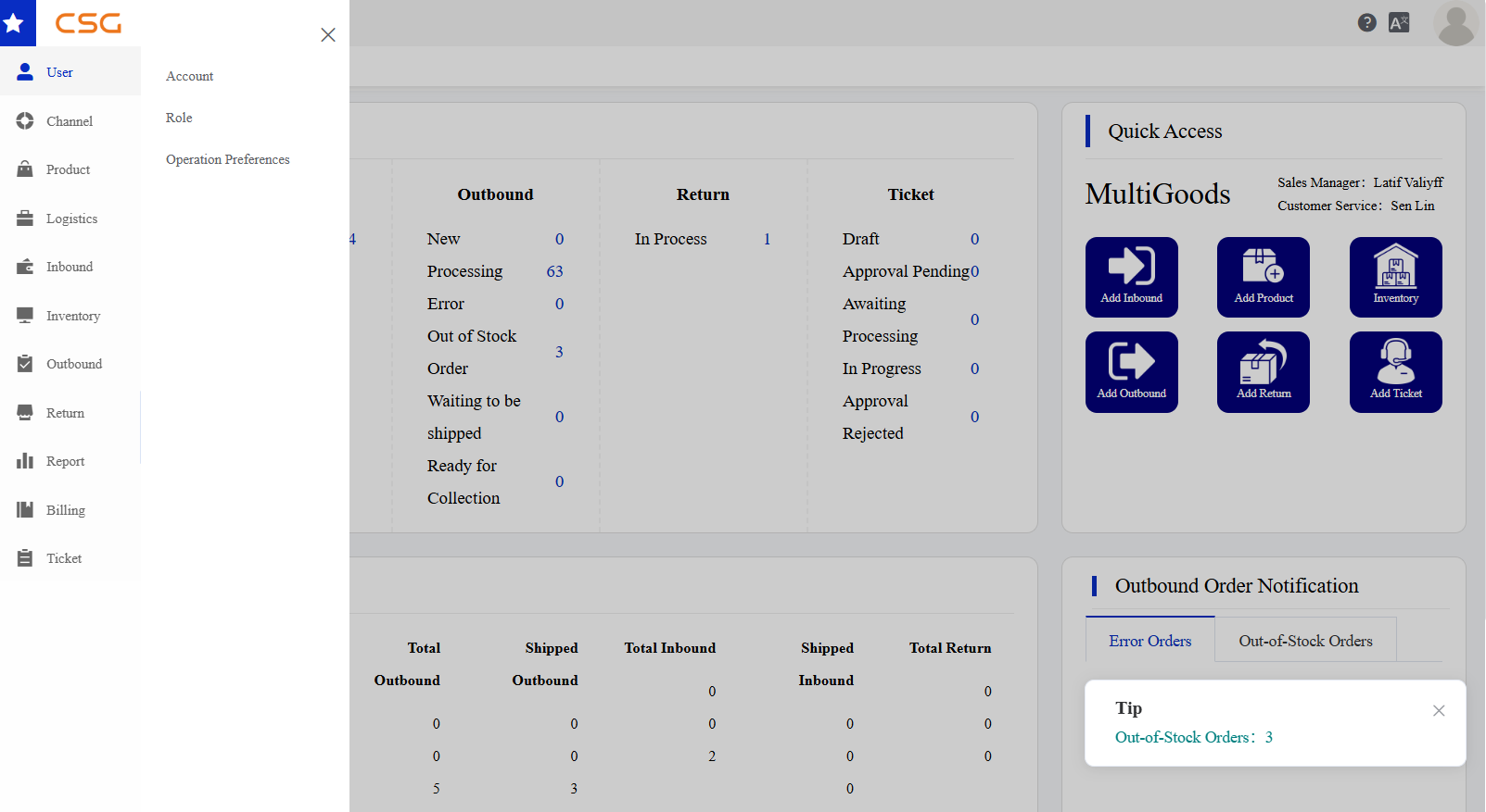 Overview screen in the CSG Customer Portal