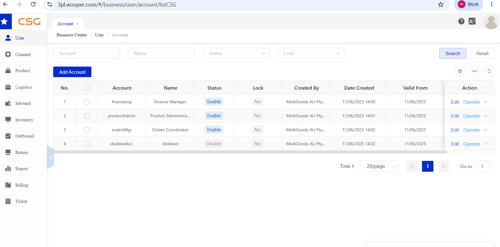 Account List screen in the CSG Customer Portal