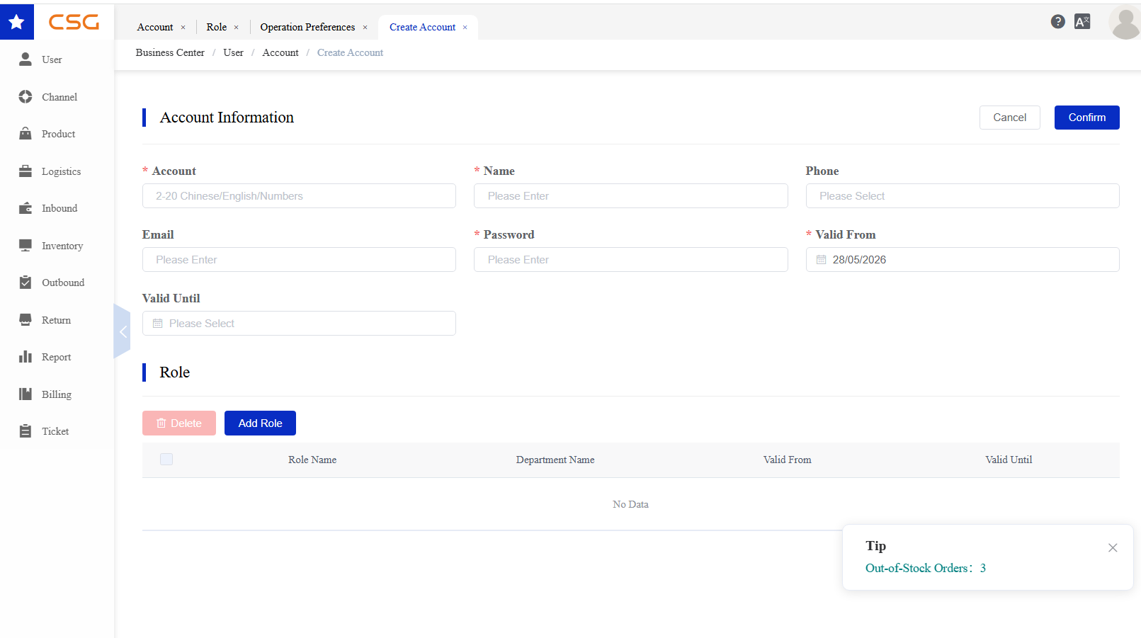 Add/Edit New User screen in the CSG Customer Portal