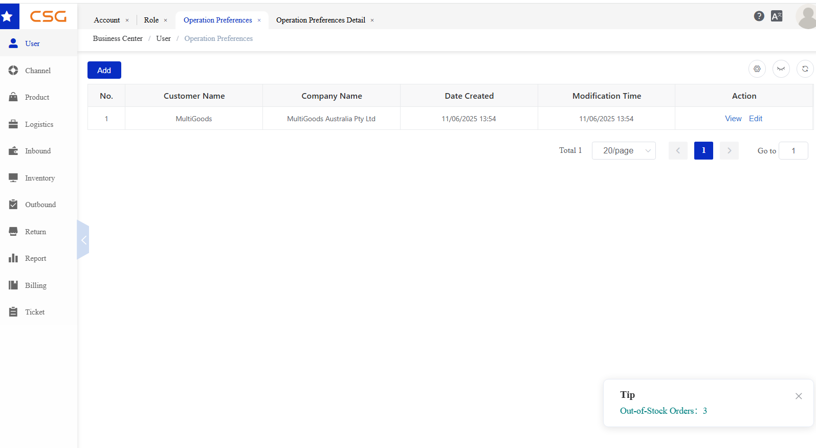 Operation Preferences List screen in the CSG Customer Portal