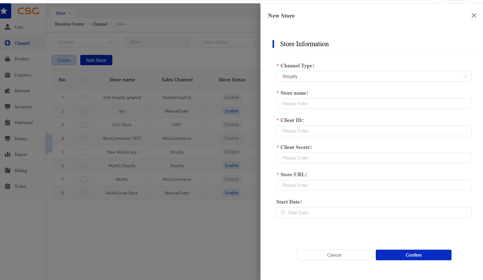 Add Store screen in the CSG Customer Portal