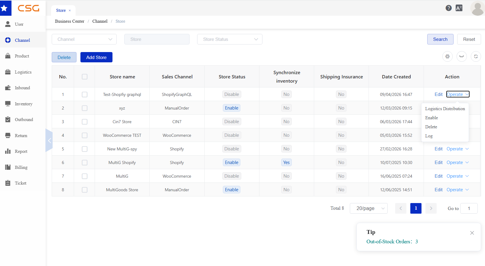 Store Actions screen in the CSG Customer Portal