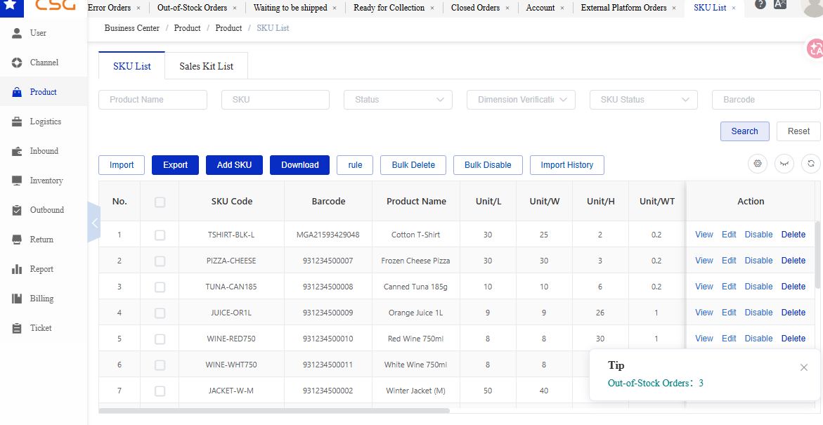 Overview screen in the CSG Customer Portal