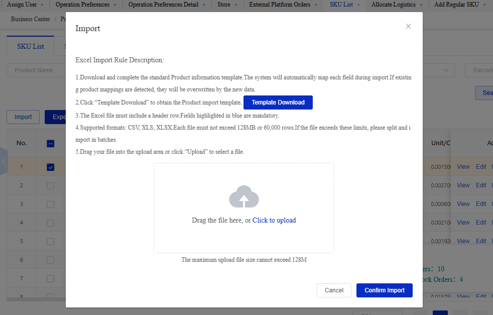 Import SKU screen in the CSG Customer Portal