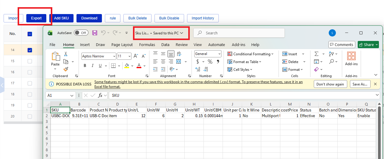 Export SKU screen in the CSG Customer Portal