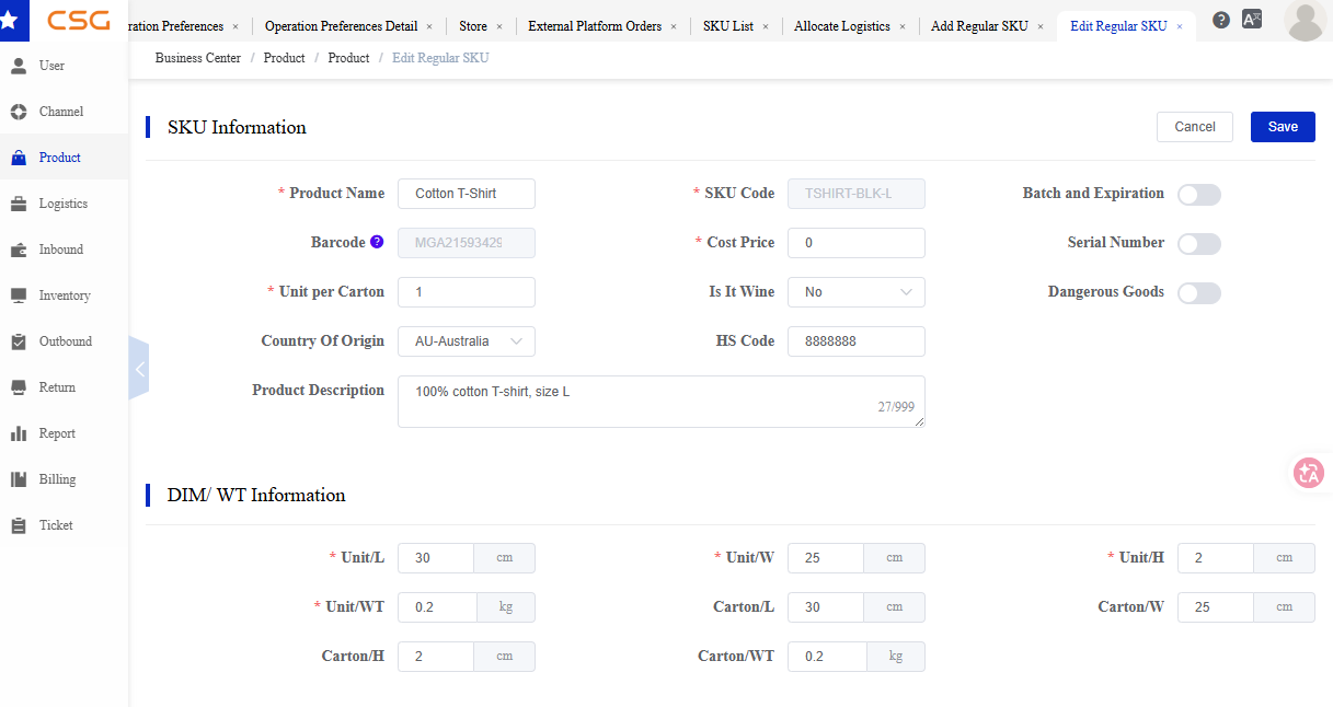 Edit SKU screen in the CSG Customer Portal
