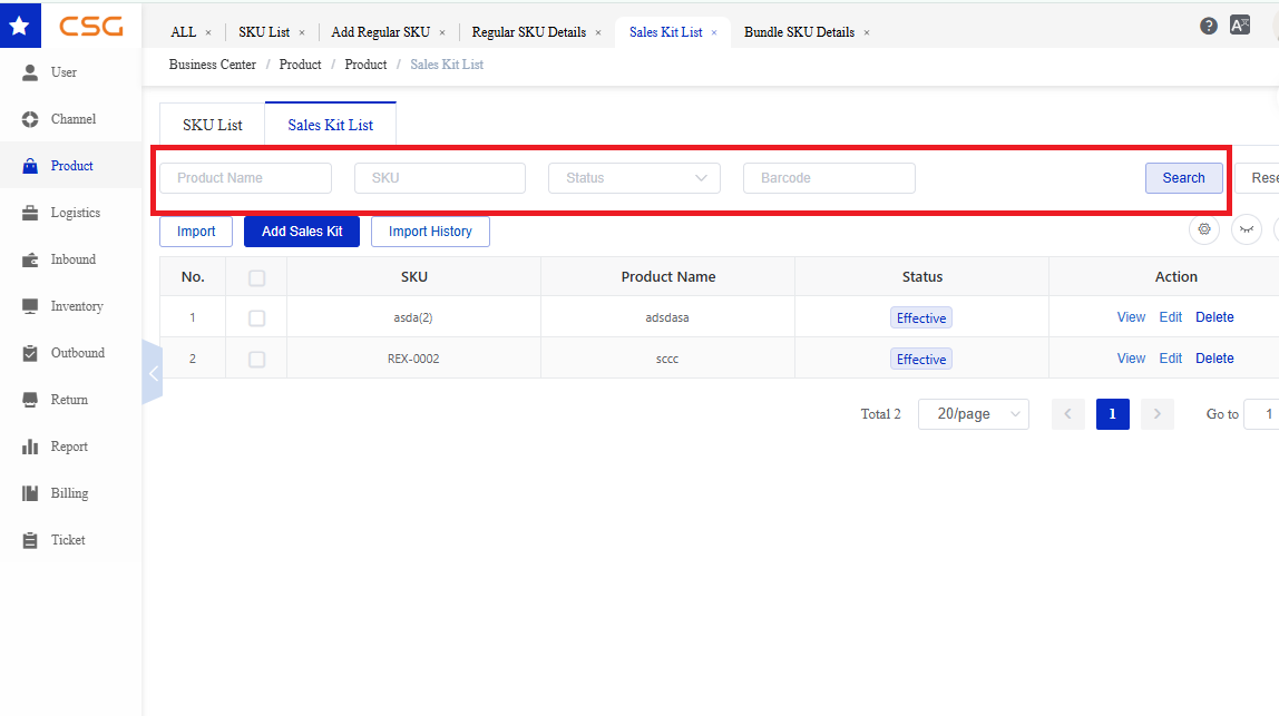 Search Filters screen in the CSG Customer Portal