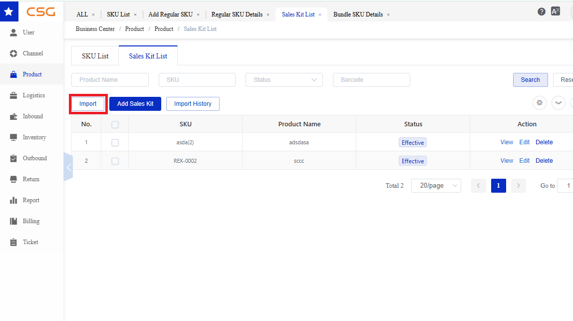 Import Sales Kit screen in the CSG Customer Portal