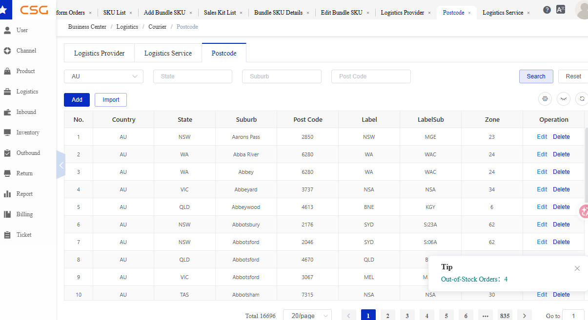 Overview screen in the CSG Customer Portal