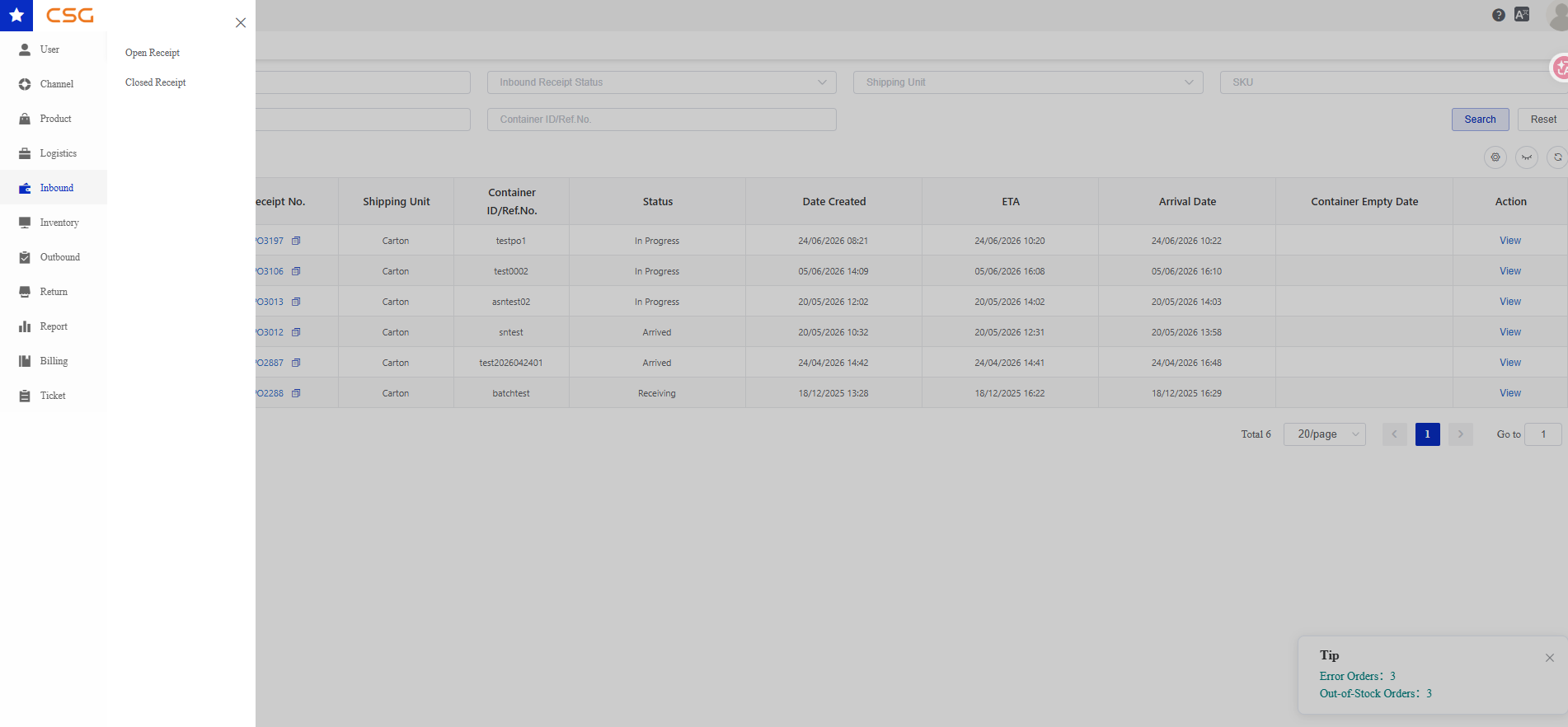 Overview screen in the CSG Customer Portal