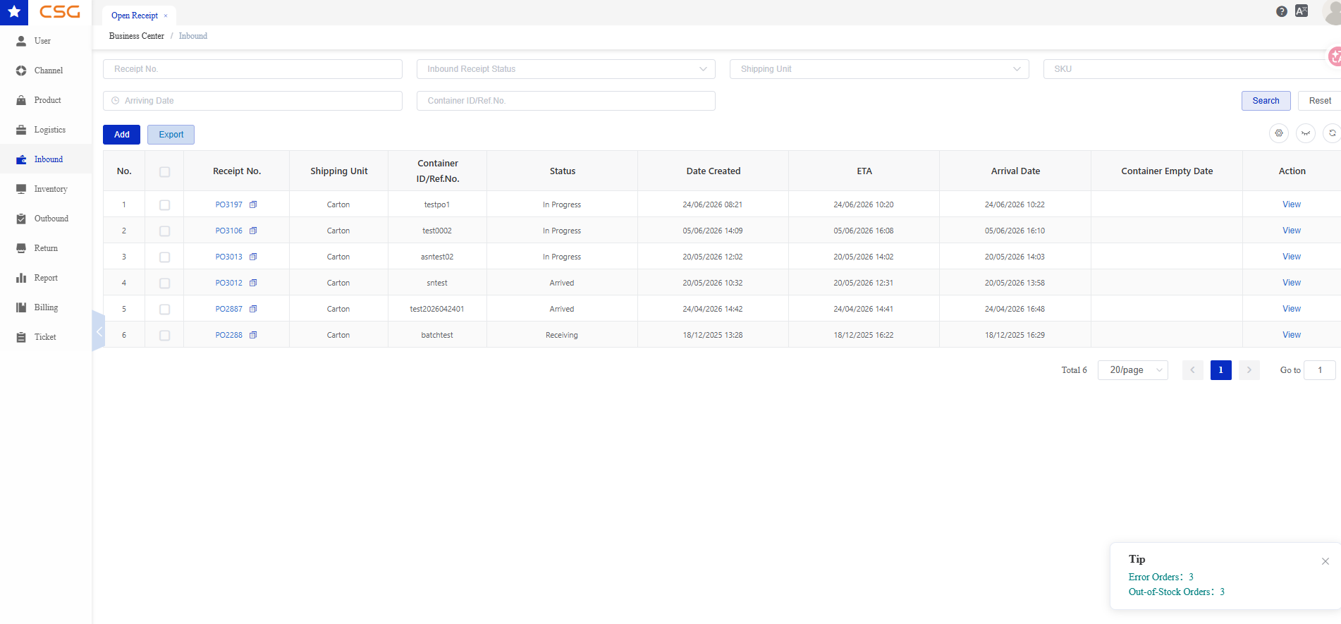 Overview screen in the CSG Customer Portal