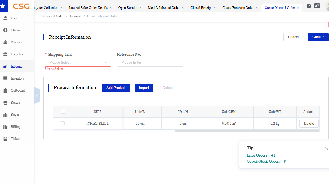 Add Receipt screen in the CSG Customer Portal