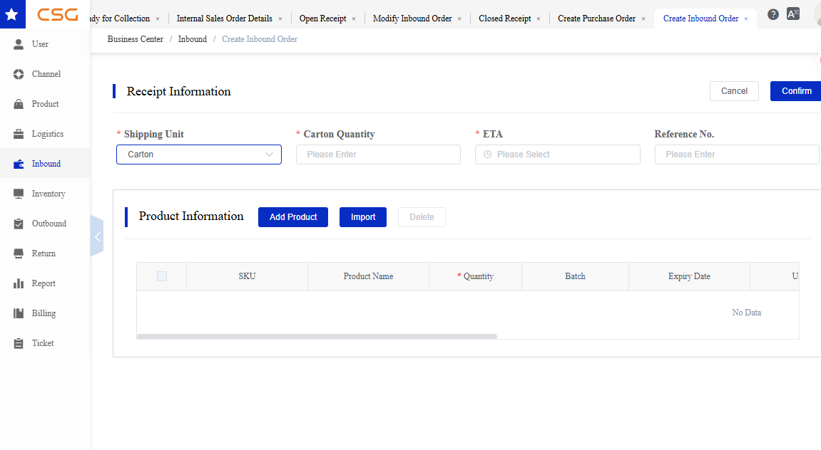 Shipping Unit screen in the CSG Customer Portal