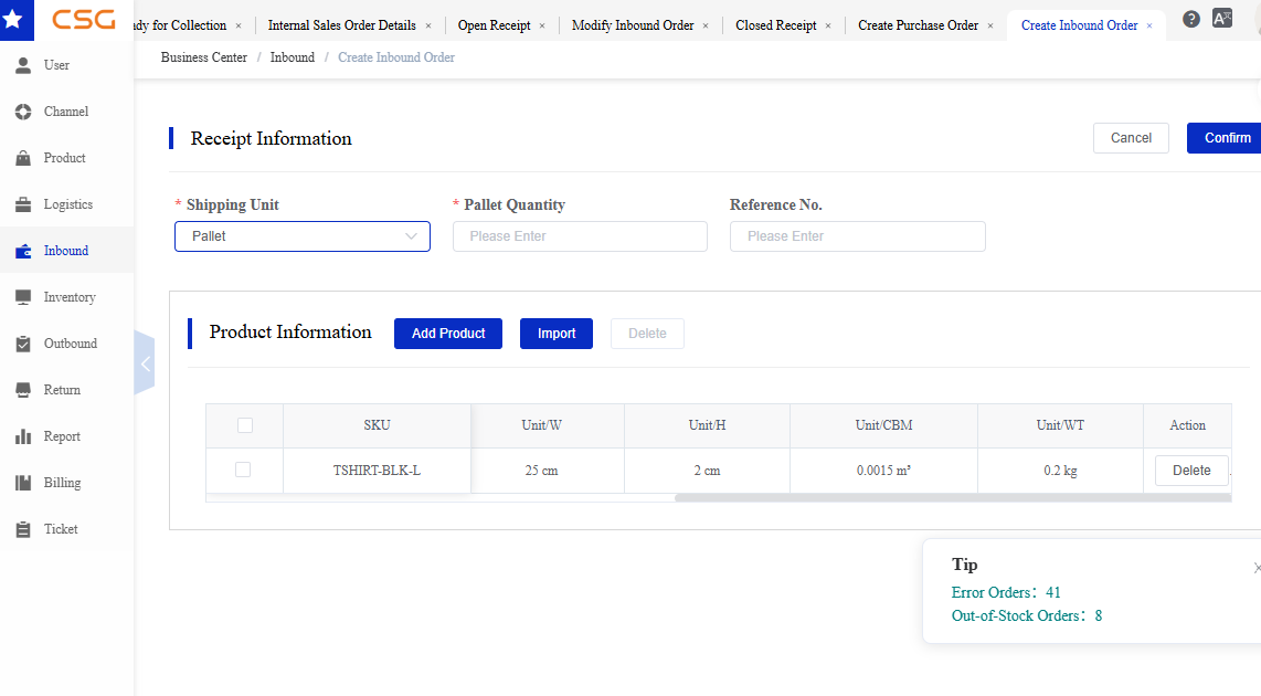 Shipping Unit screen in the CSG Customer Portal