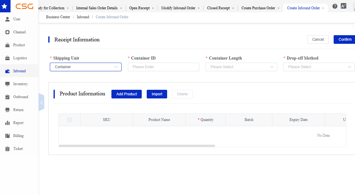 Shipping Unit screen in the CSG Customer Portal