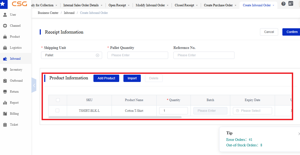 Product Information screen in the CSG Customer Portal