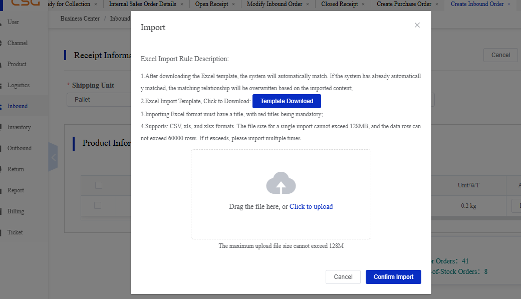Import Products screen in the CSG Customer Portal