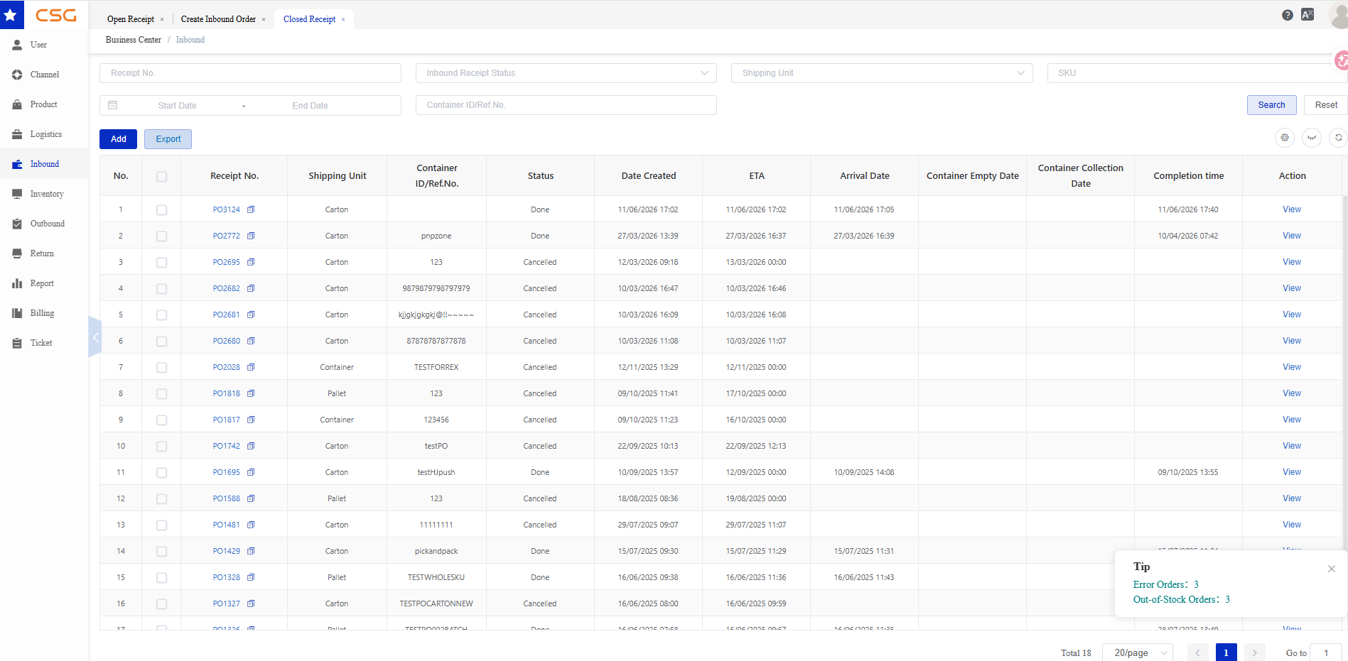 Overview screen in the CSG Customer Portal