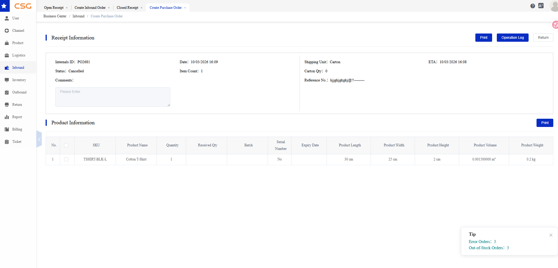 View Receipt Details screen in the CSG Customer Portal