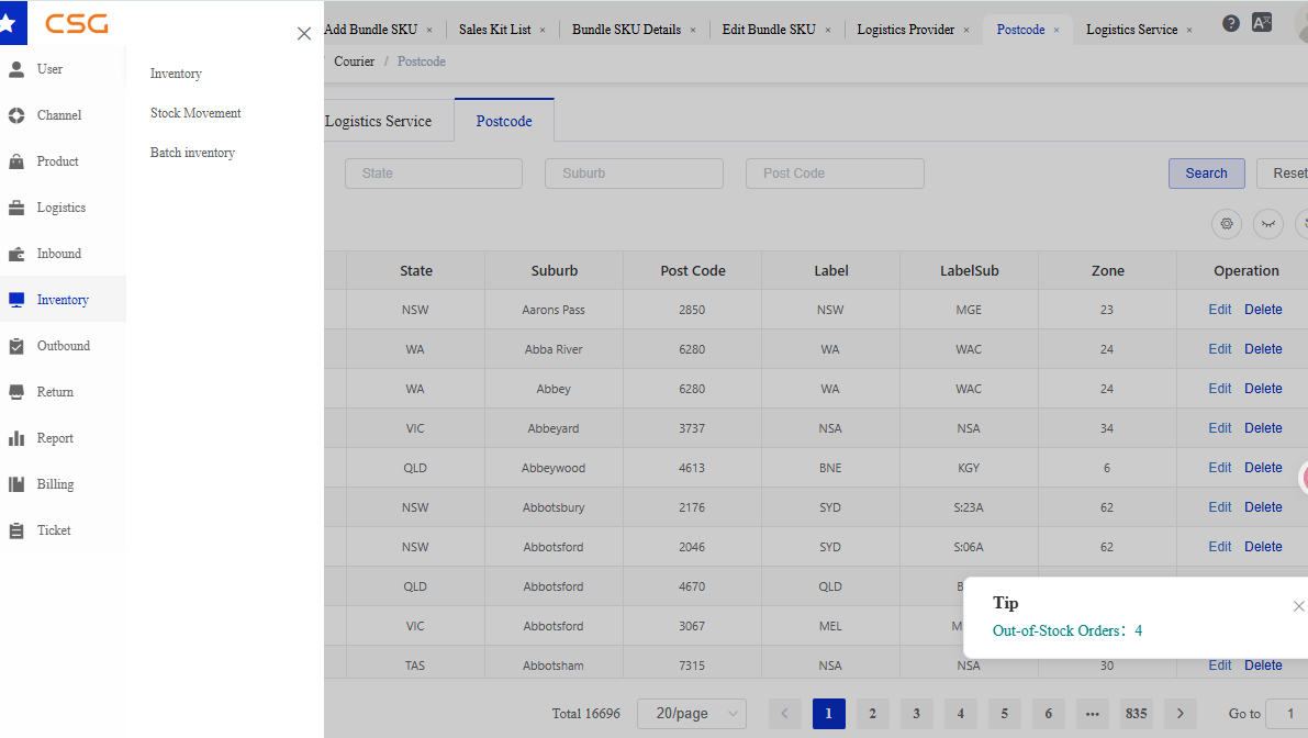 Overview screen in the CSG Customer Portal