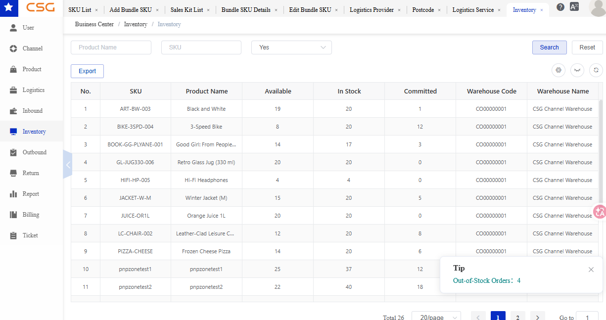 Overview screen in the CSG Customer Portal