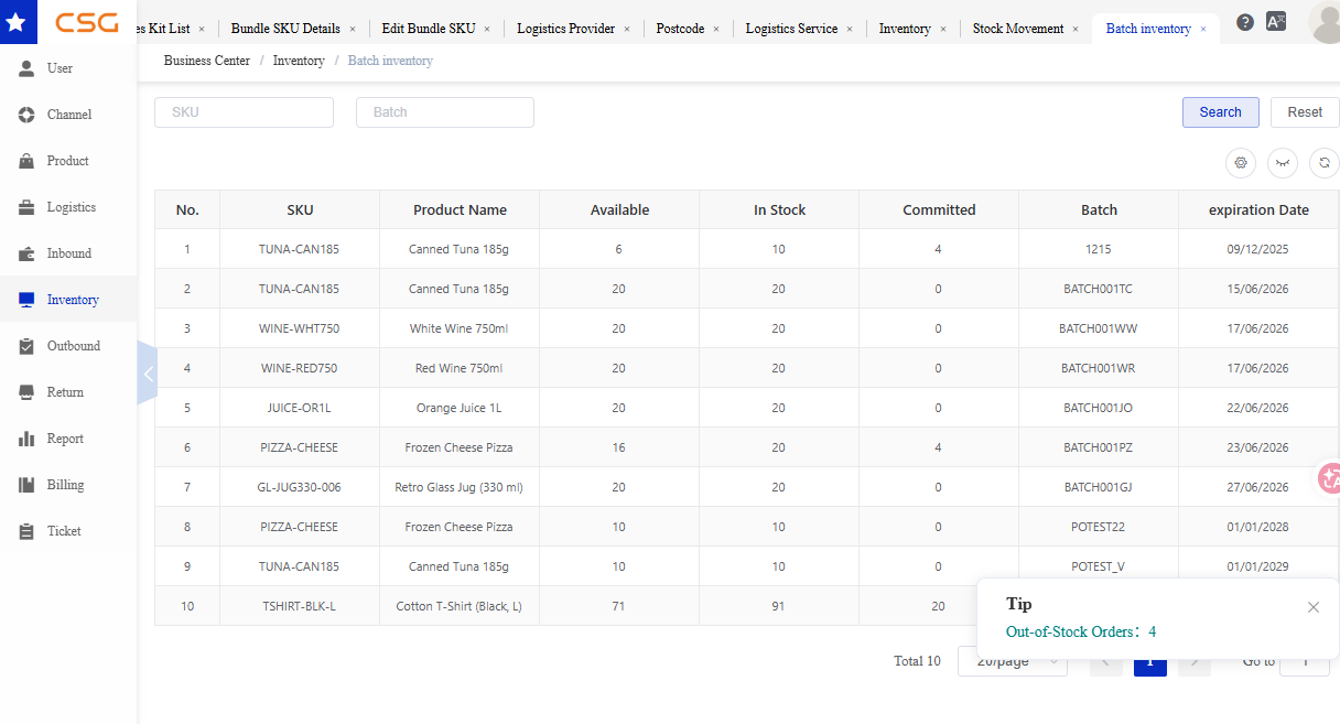 Overview screen in the CSG Customer Portal