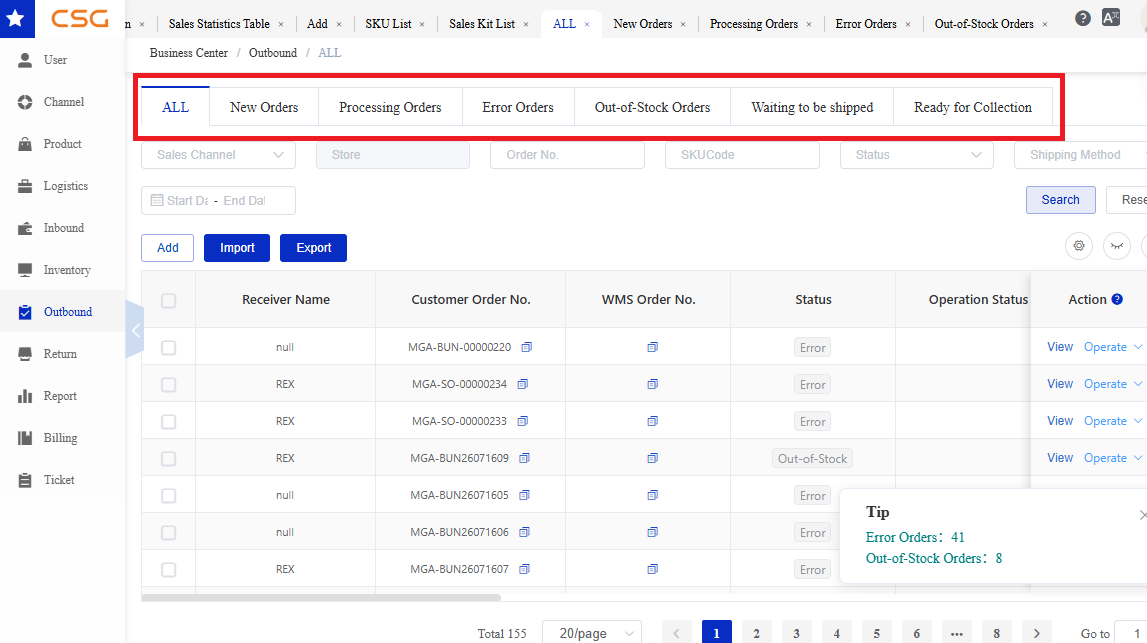 Open Order Categories screen in the CSG Customer Portal