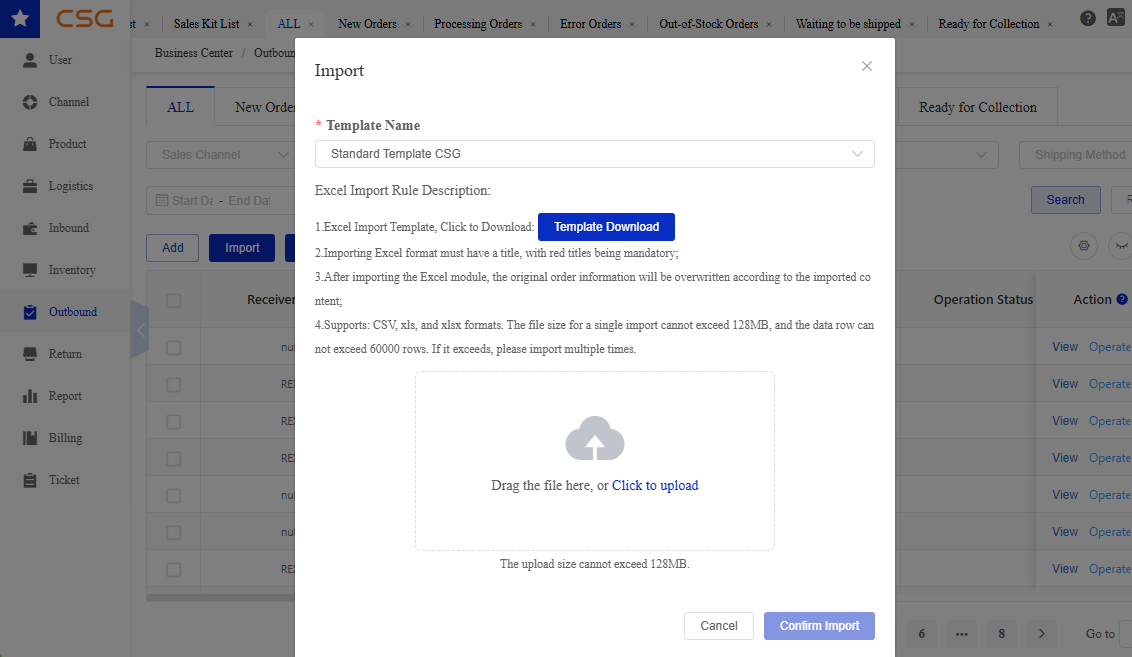 Import Orders screen in the CSG Customer Portal