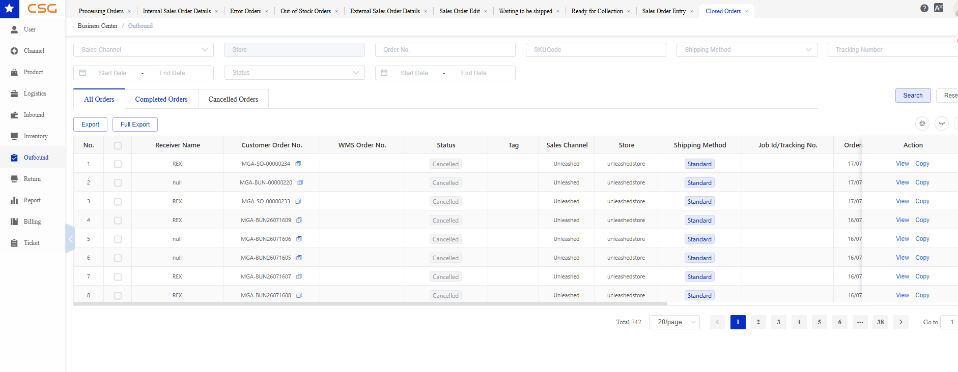 All Orders screen in the CSG Customer Portal