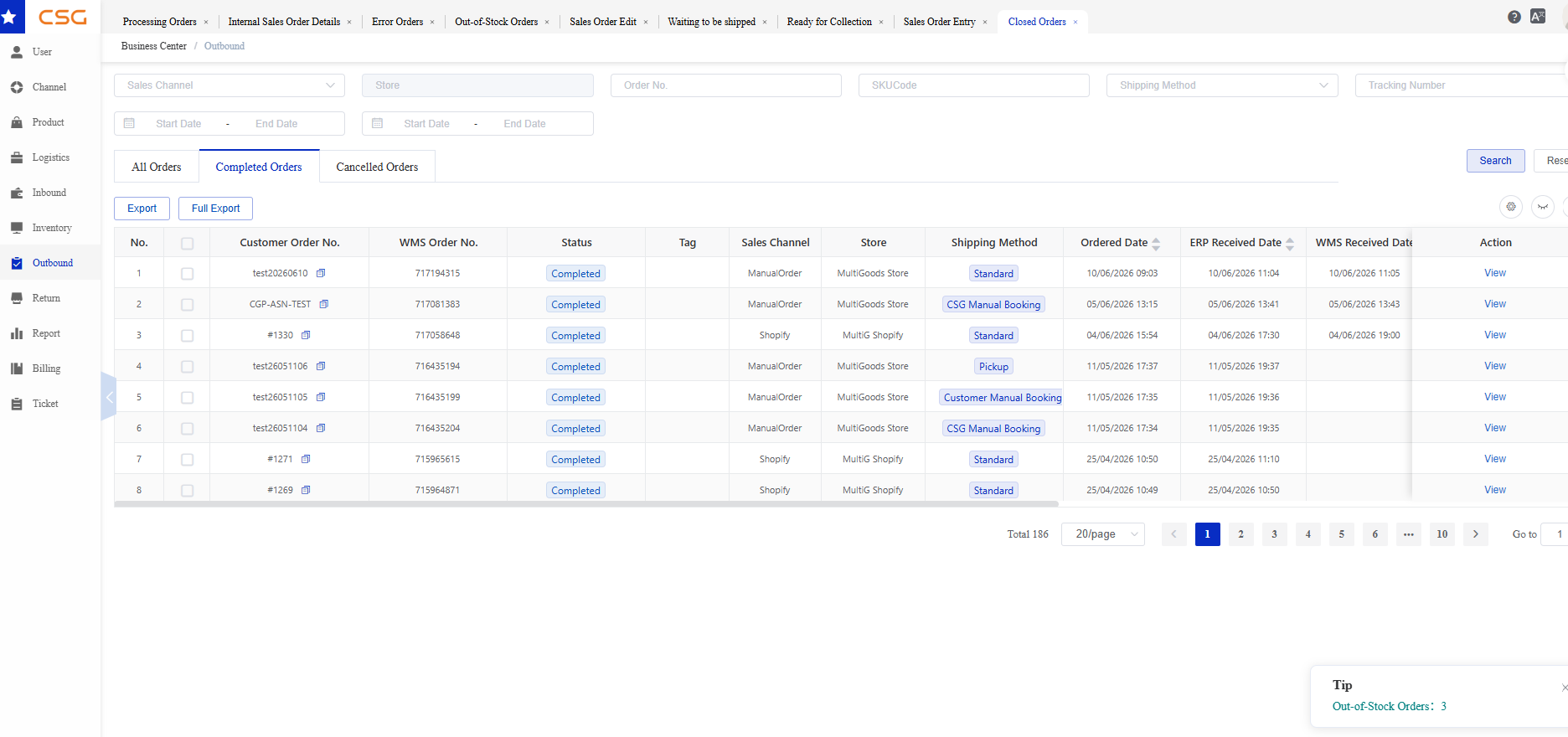Completed Orders screen in the CSG Customer Portal