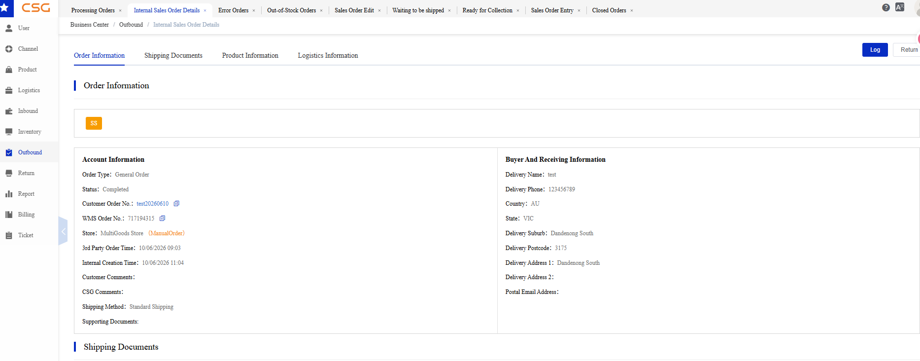 Completed Orders screen in the CSG Customer Portal