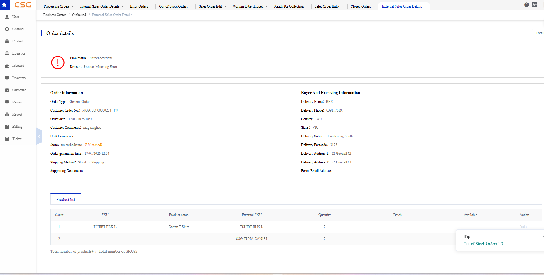 Cancelled Orders screen in the CSG Customer Portal