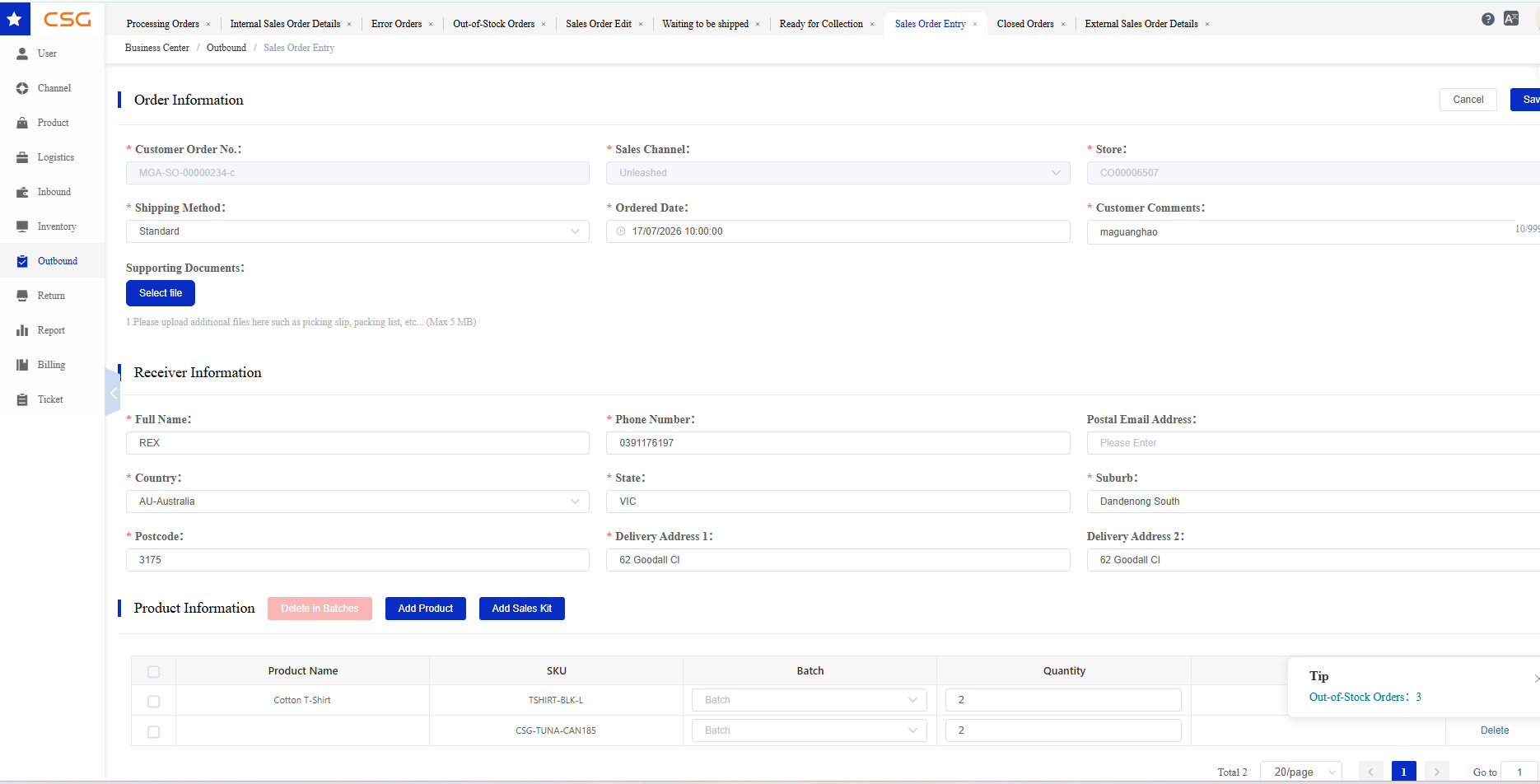Cancelled Orders screen in the CSG Customer Portal