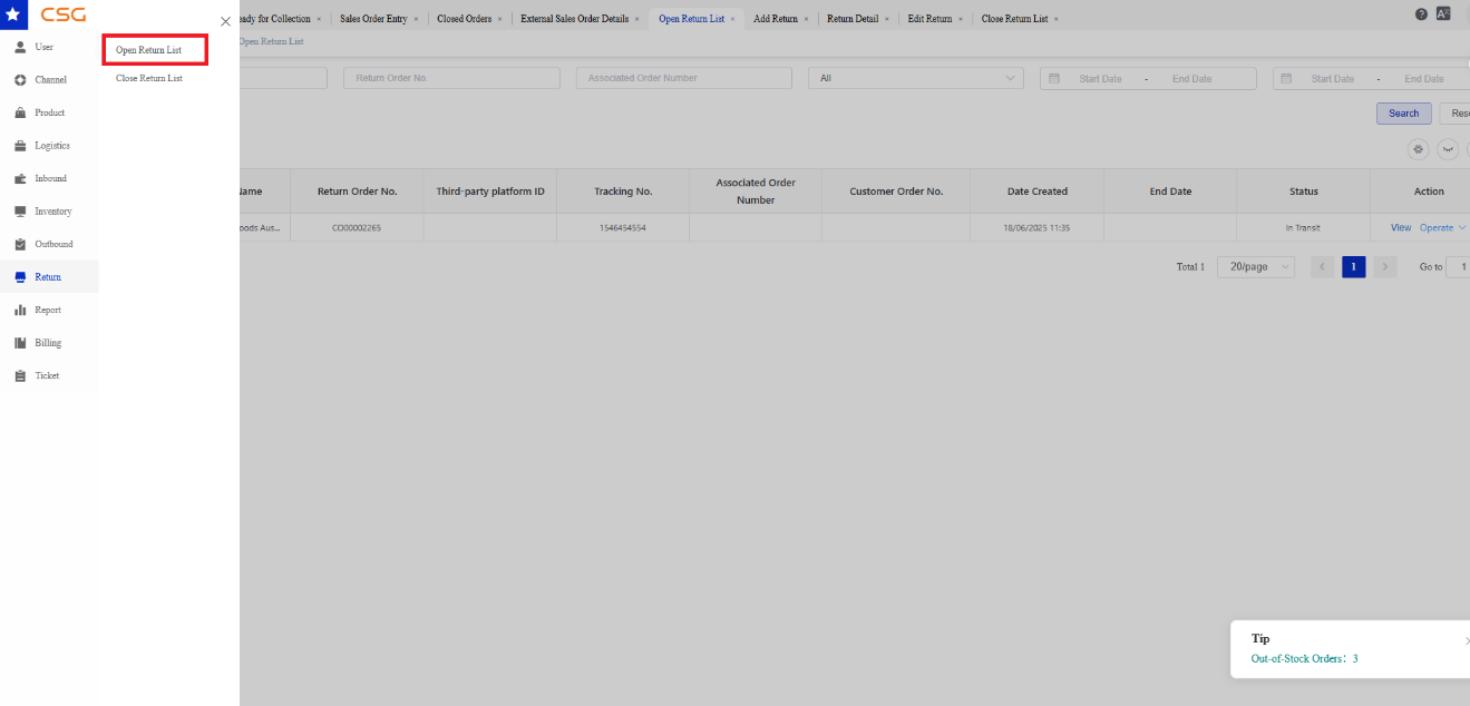 Open Return List screen in the CSG Customer Portal