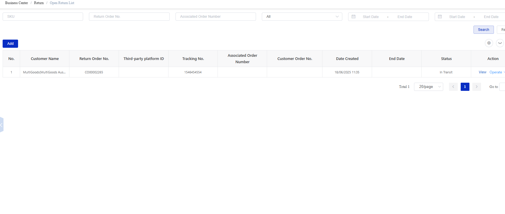 Open Return List screen in the CSG Customer Portal
