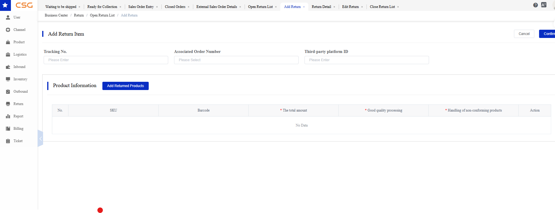 Open Return List screen in the CSG Customer Portal