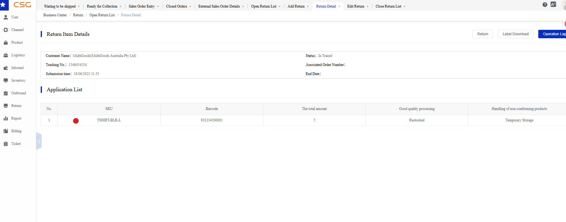 Open Return List screen in the CSG Customer Portal