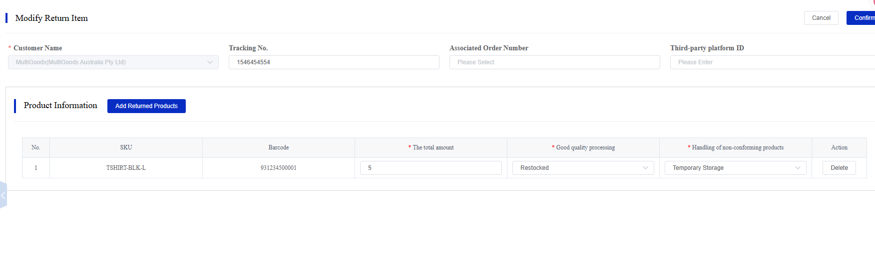 Open Return List screen in the CSG Customer Portal