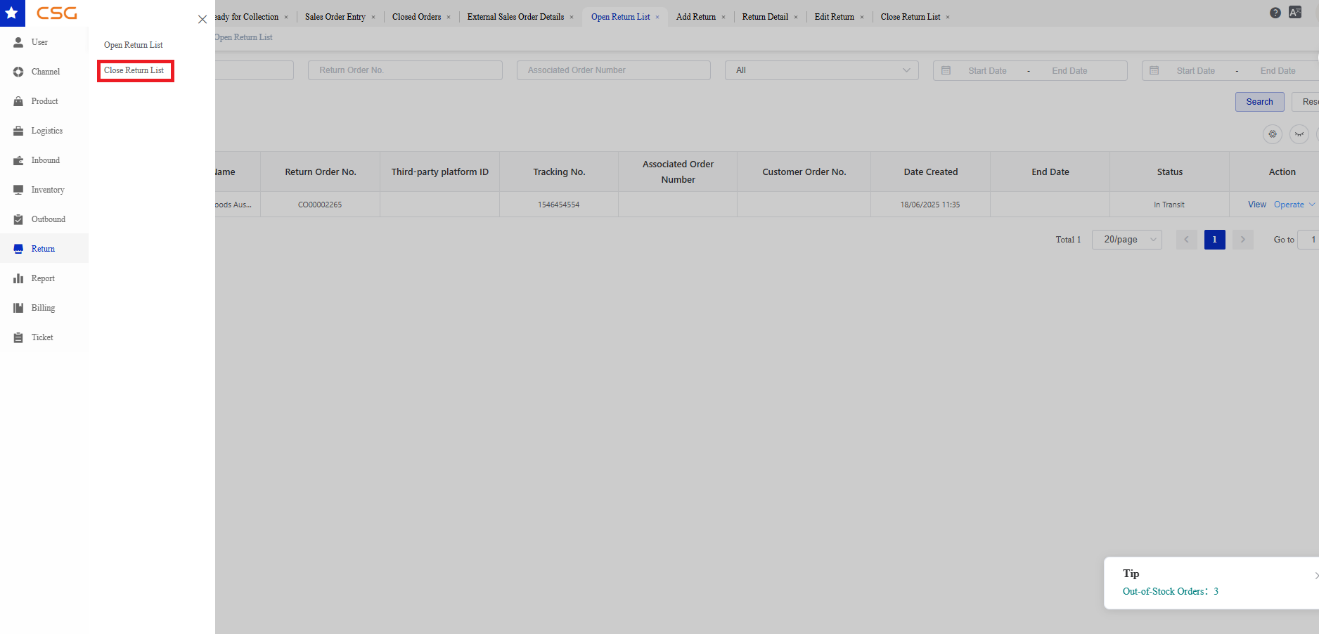 Close Return List screen in the CSG Customer Portal