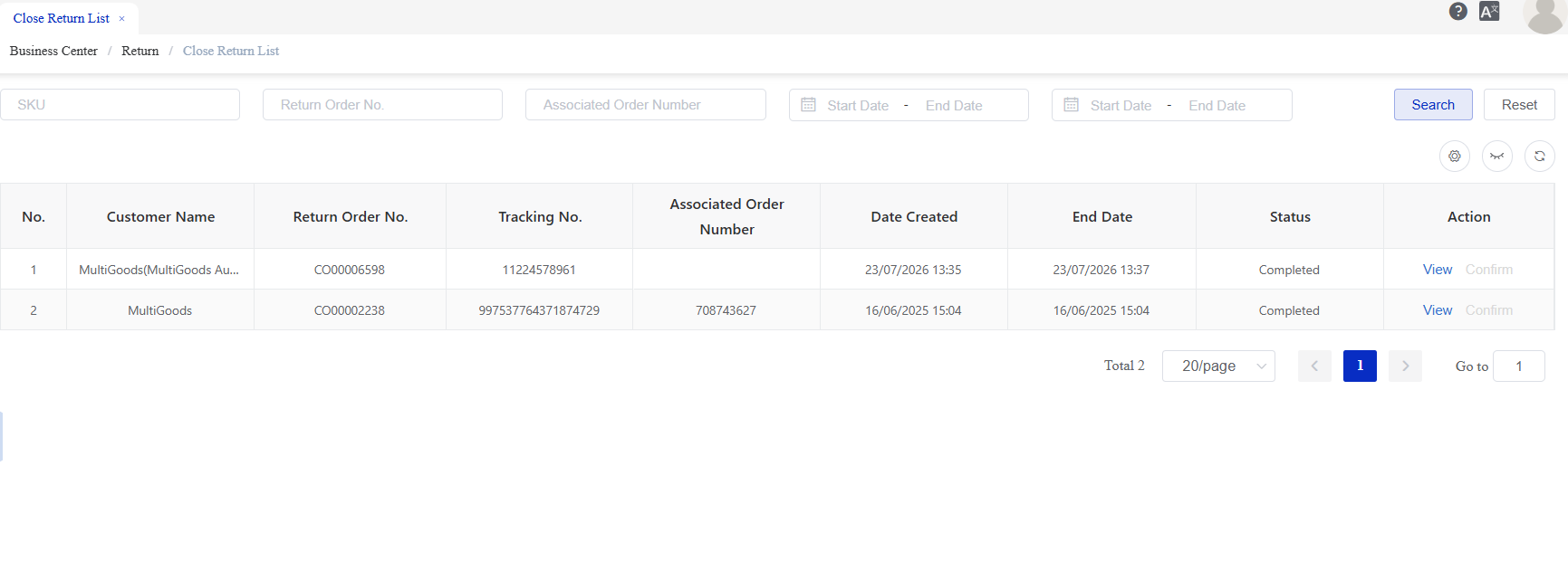 Close Return List screen in the CSG Customer Portal