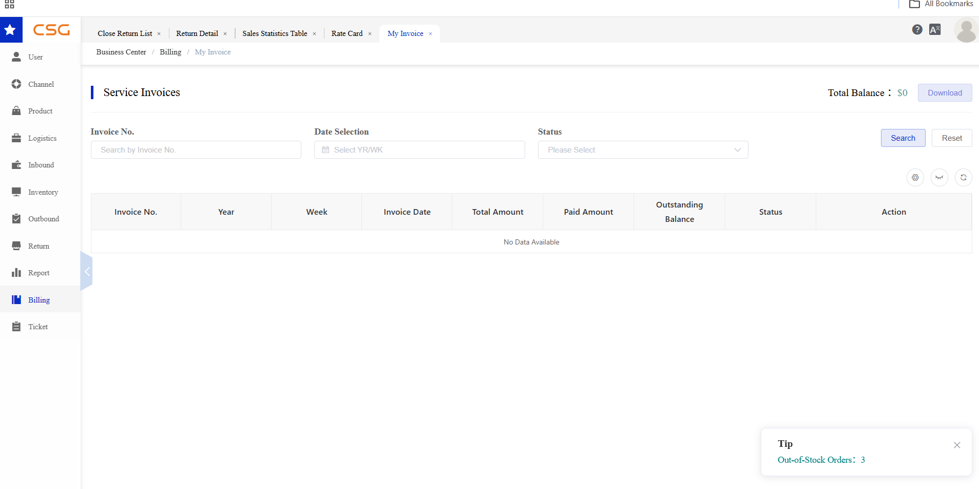Overview screen in the CSG Customer Portal