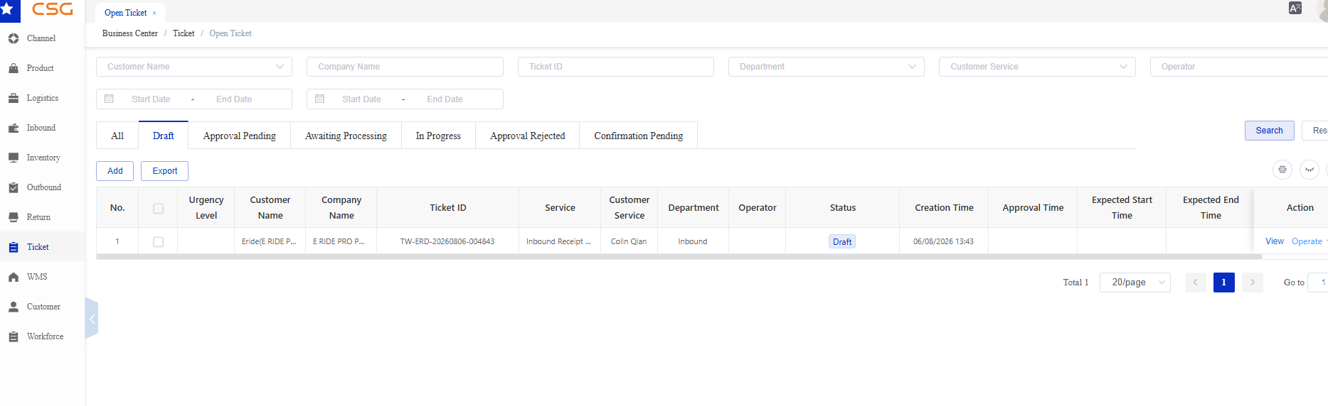 Draft screen in the CSG Customer Portal