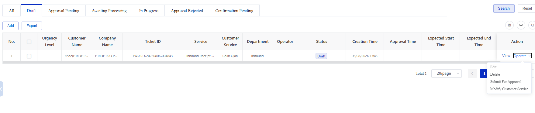 Draft screen in the CSG Customer Portal