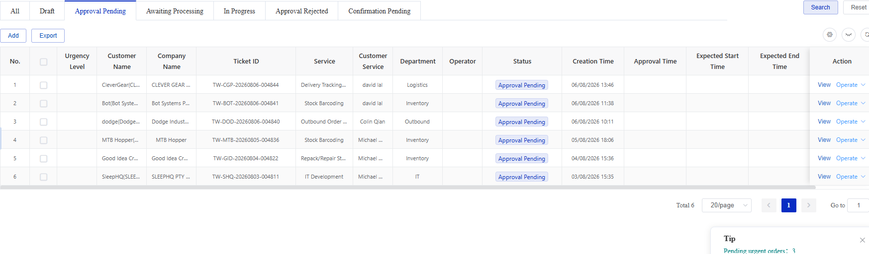 Approval Pending screen in the CSG Customer Portal