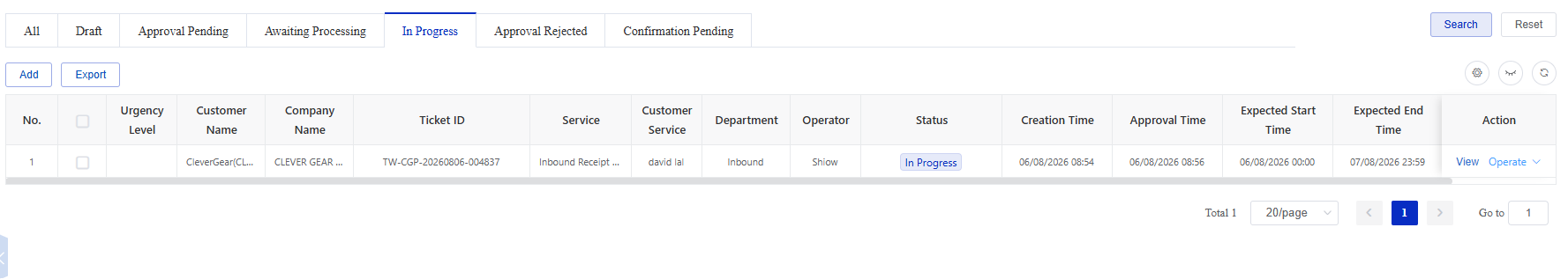 In Progress screen in the CSG Customer Portal