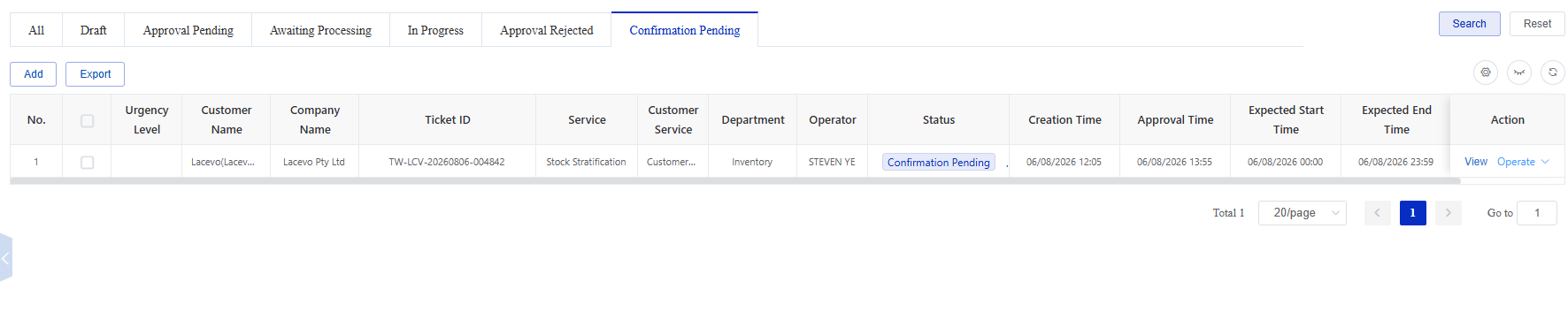 Confirmation Pending screen in the CSG Customer Portal