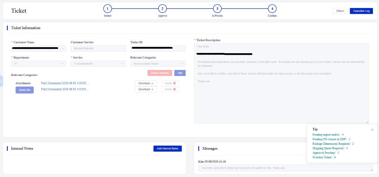 View Ticket screen in the CSG Customer Portal