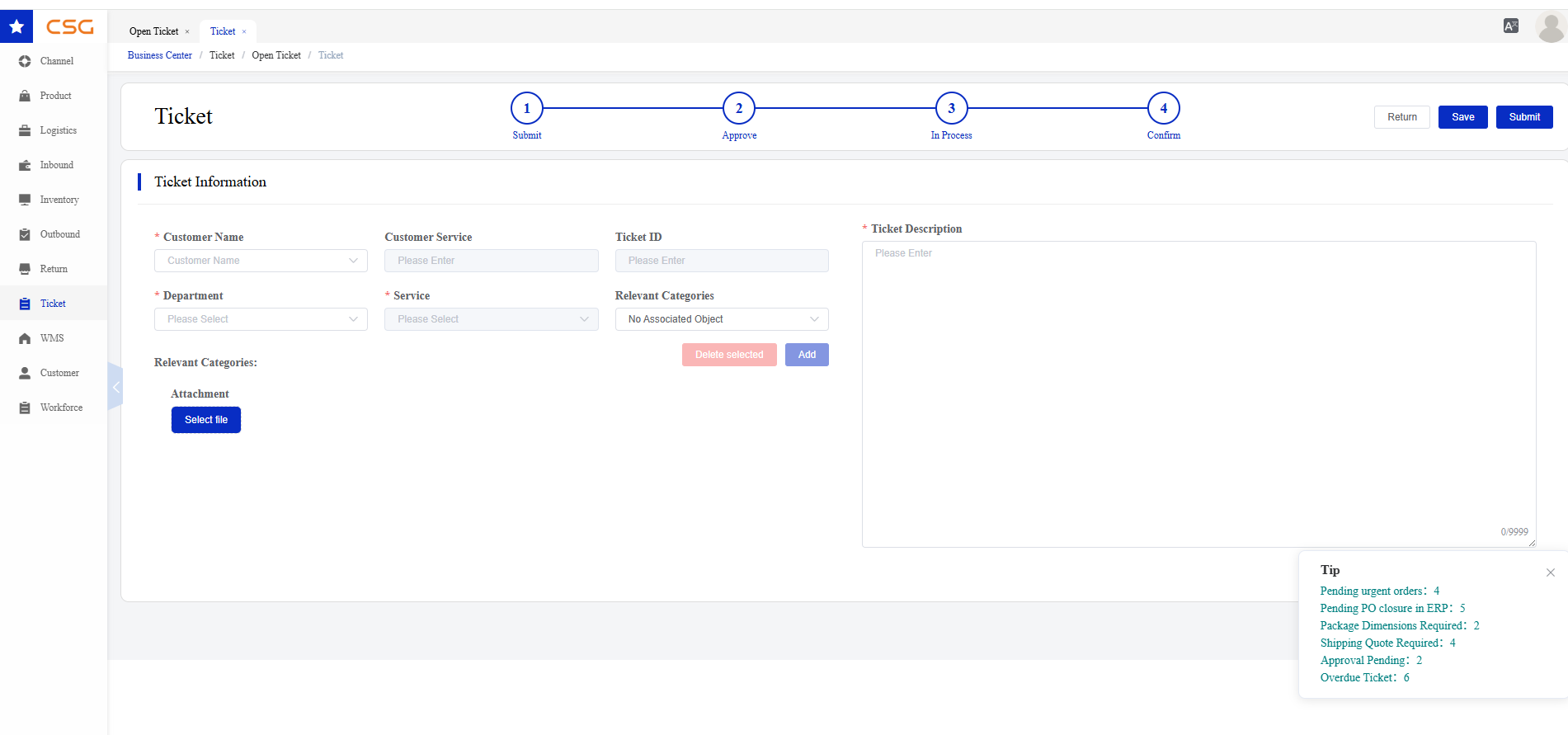 Add Ticket screen in the CSG Customer Portal
