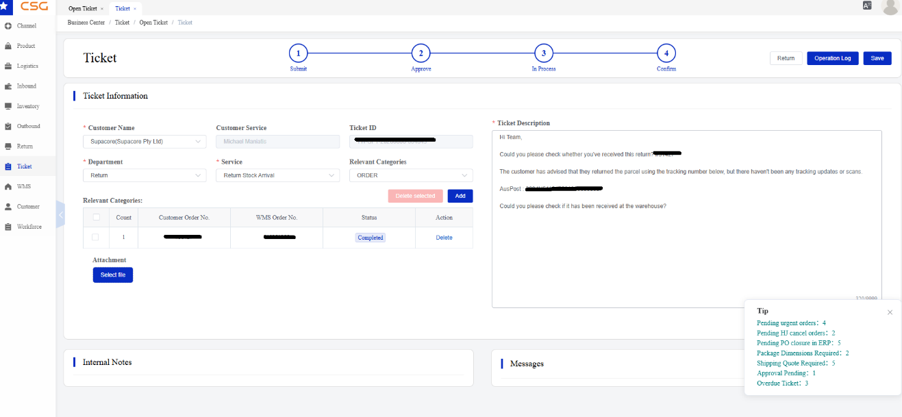 Ticket Operations screen in the CSG Customer Portal